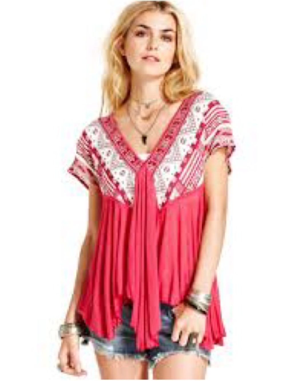 Free People Rayon Boho Embroidered V Neck Tunic Top Extra Small